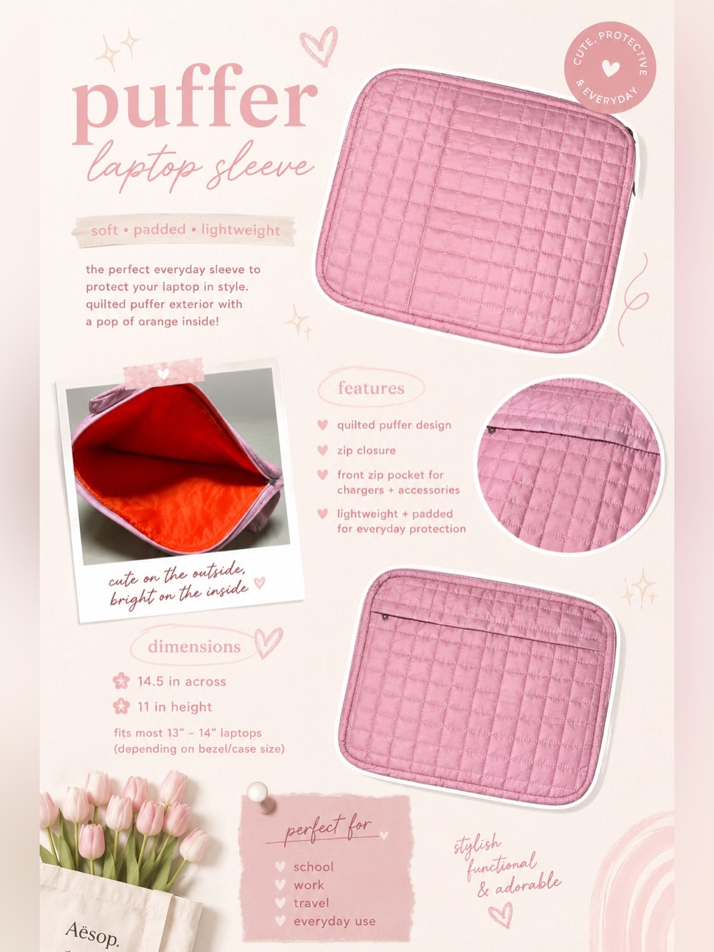 Pink Quilted Puffer Laptop Sleeve 13”–14” Padded Protective Case Orange interior